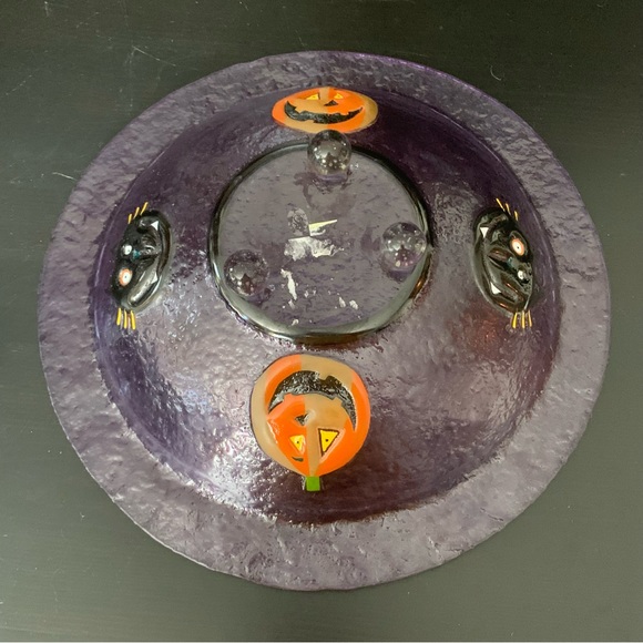 Vintage Purple Glass Halloween Bowl Jack O’Lanterns Black Cats - Picture 9 of 9